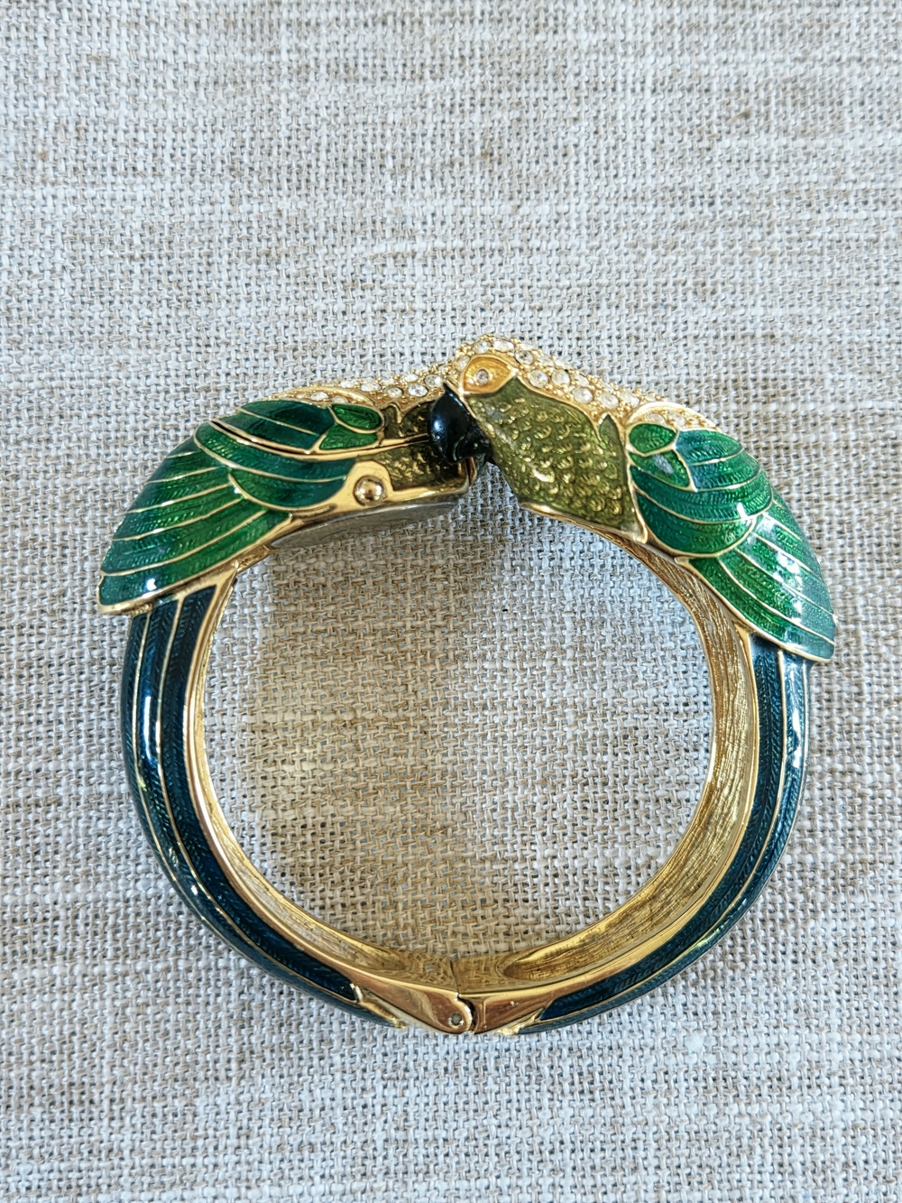 Nolan Miller Vintg Designer Gold-Tone Green Parrot Hinged Bangle Watch Bracelet